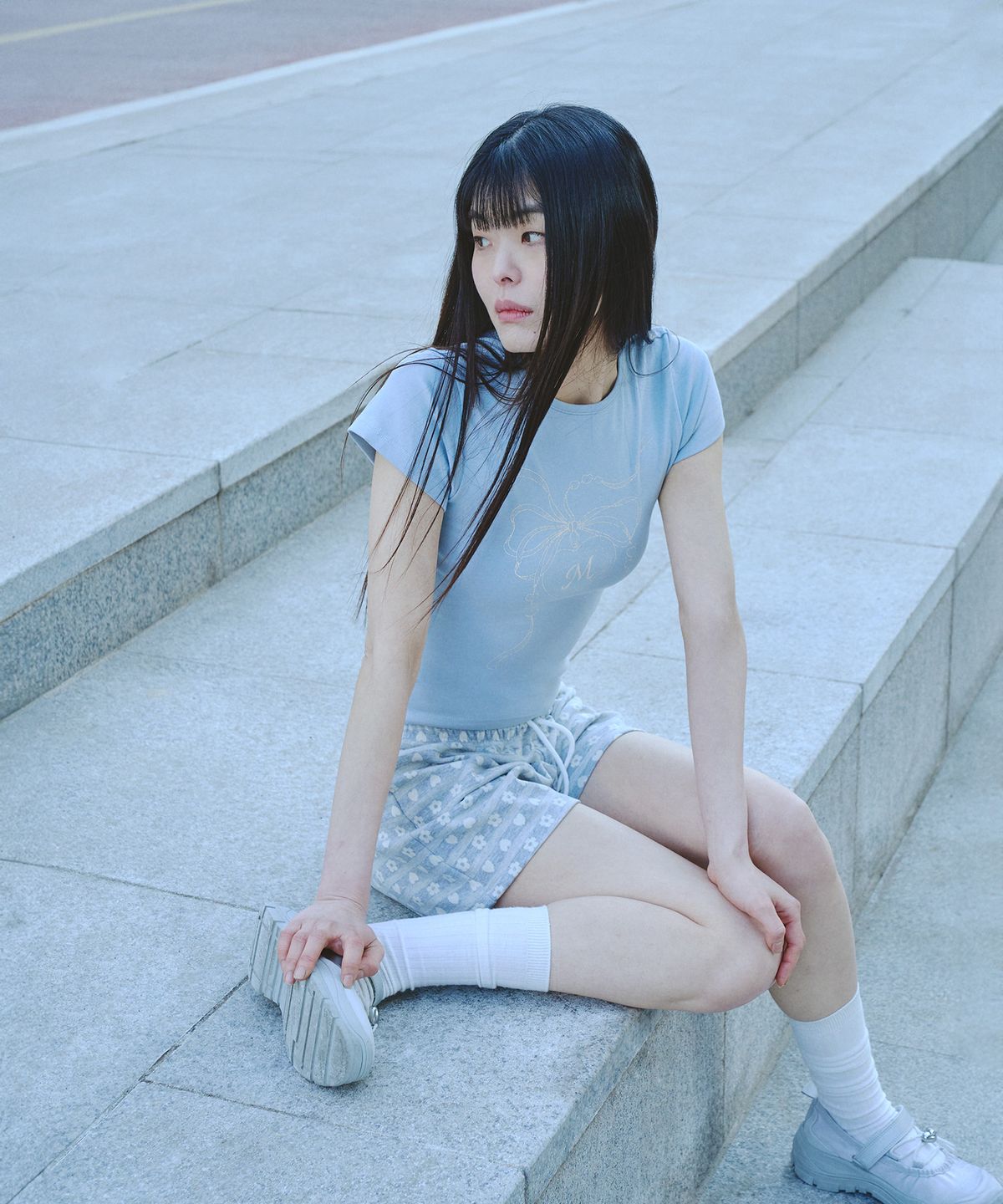 미헤브(MIHEV) 플라워 하트 빈티지 레이어드 쇼츠 그레이