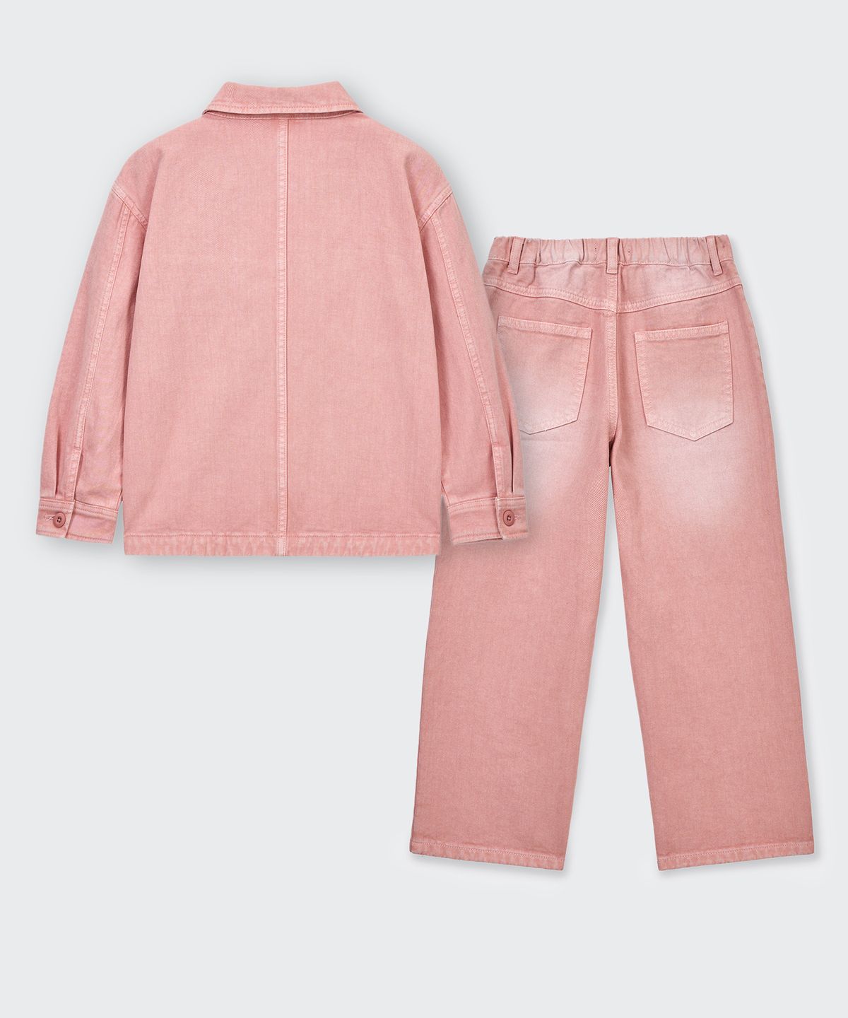 무신사 스탠다드 키즈(MUSINSA STANDARD KIDS) 피그먼트 데님 초어 재킷 & 피그먼트 와이드 데님 팬츠 셋업 [코랄]