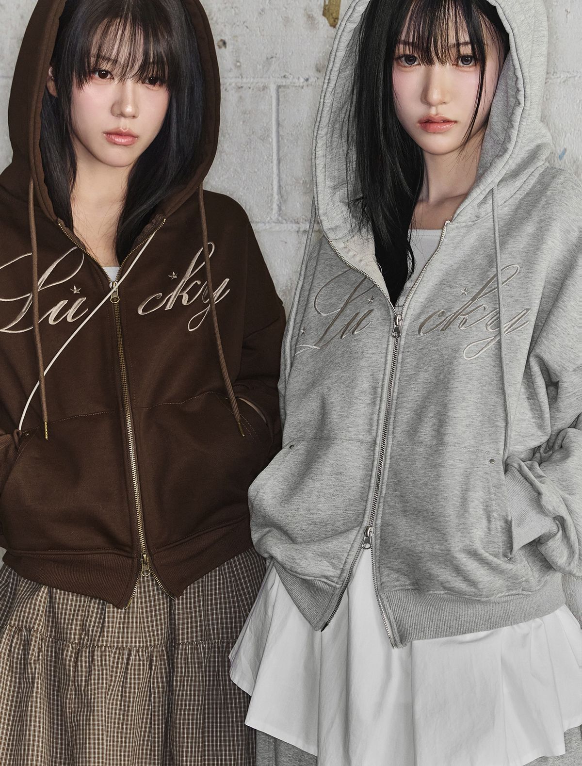 루프(LOOXP) 럭키 레터링 베이직 오버핏 후드집업 그레이