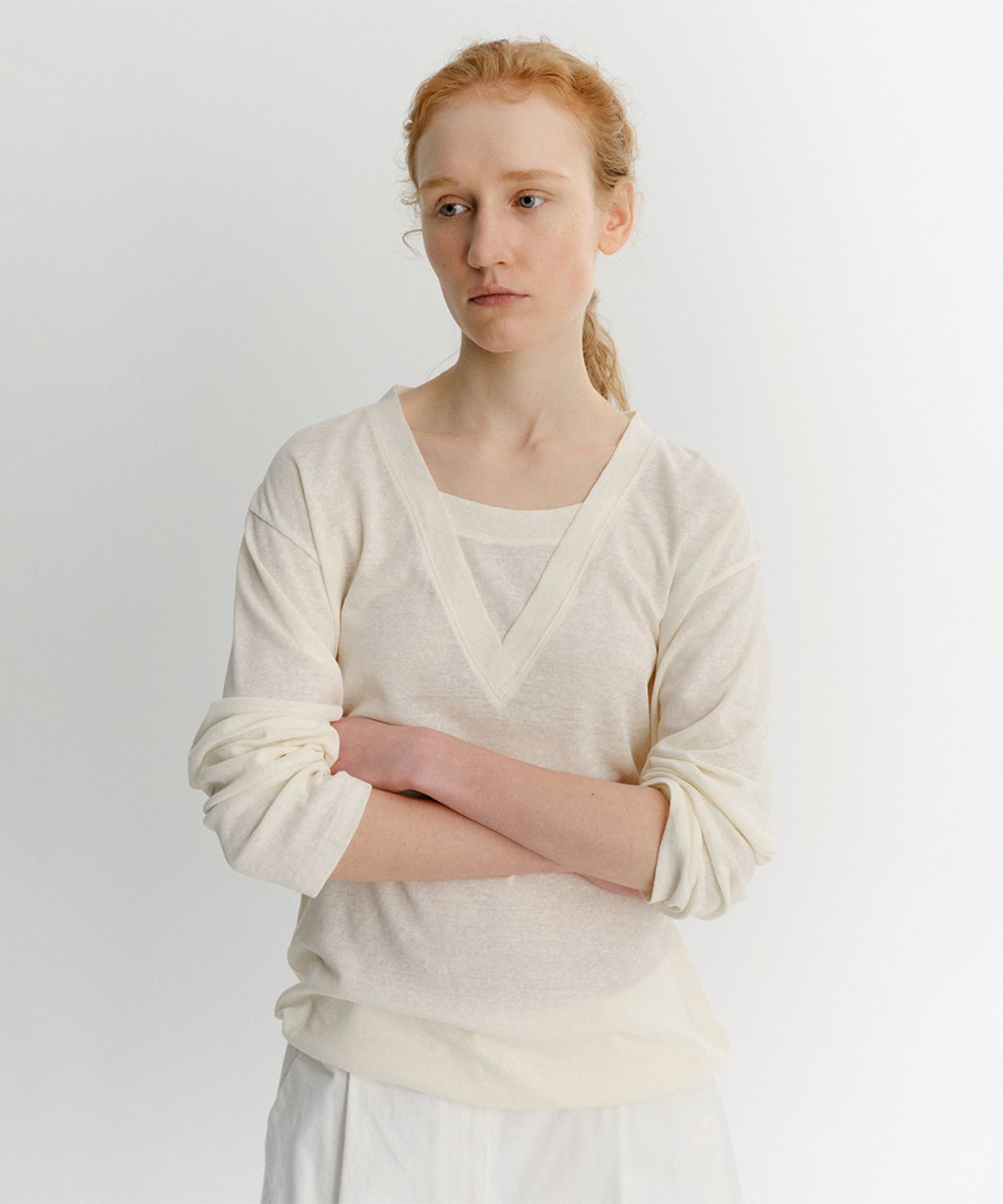 이아(EAAH) LINEN LAYERED T-SHIRT (CREAM)