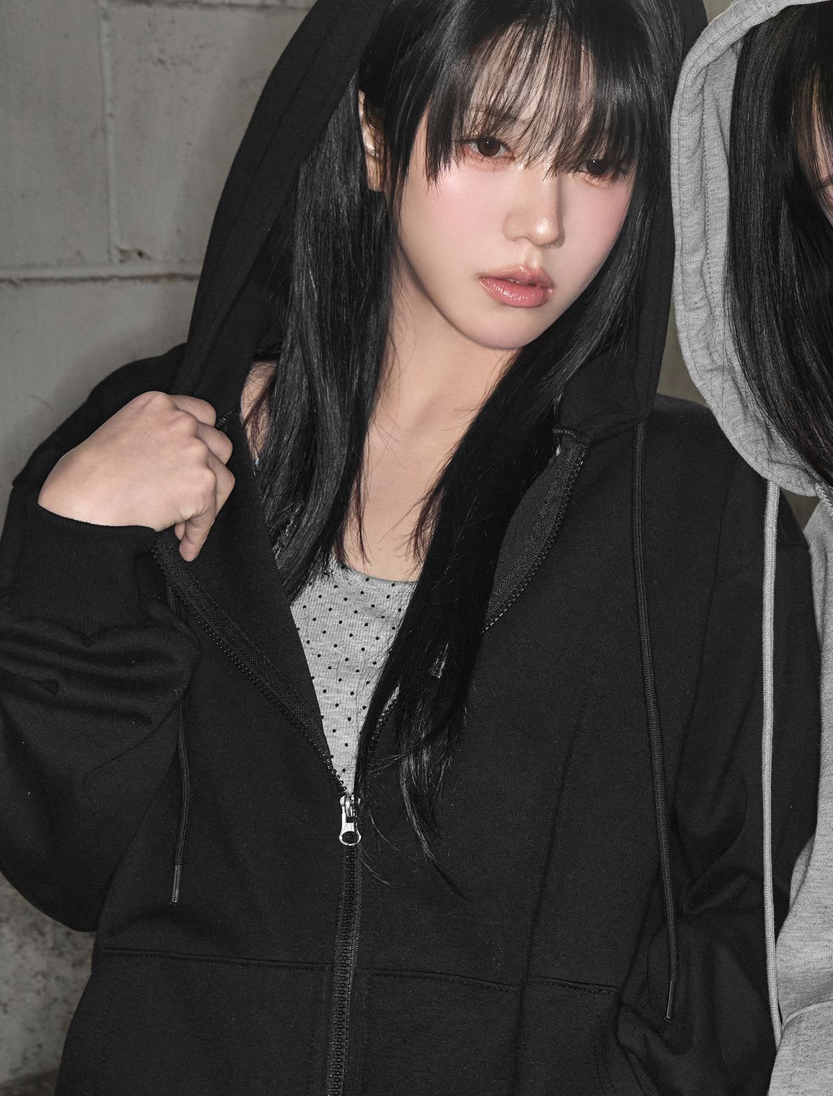 루프(LOOXP) 베이직 무지 투웨이 오버핏 후드집업 블랙