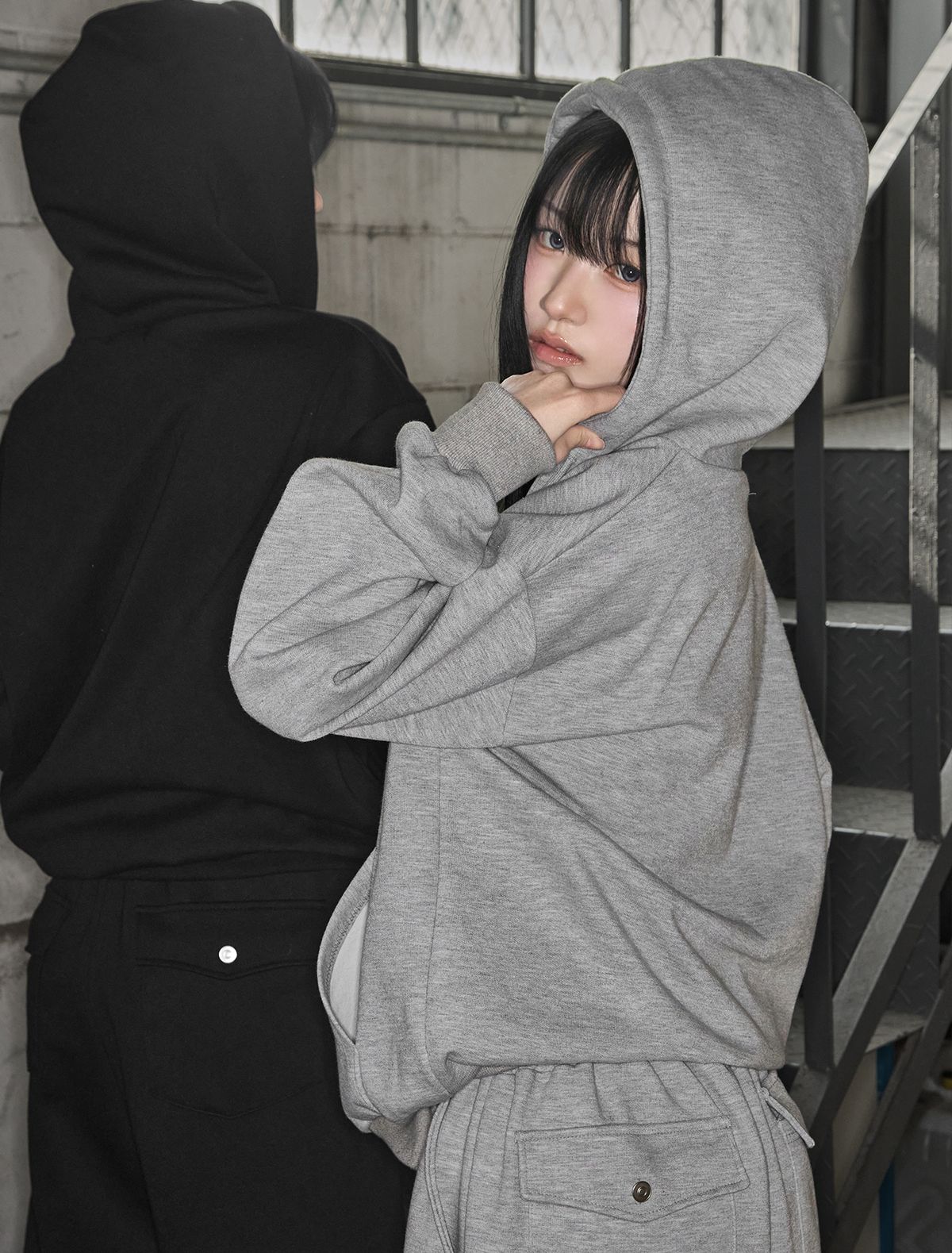 루프(LOOXP) 베이직 무지 투웨이 오버핏 후드집업 그레이