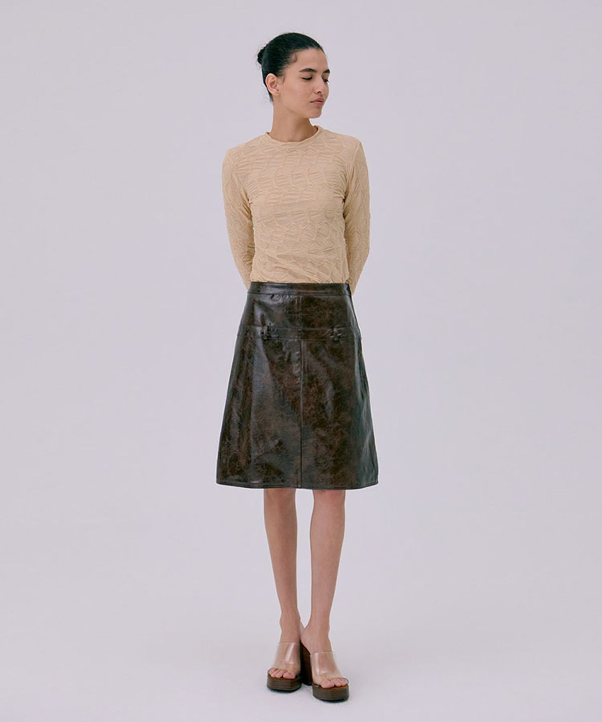 분더캄머(WNDERKAMMER) Midi Leather Skirt_Brown(미디 가죽 스커트_브라운)