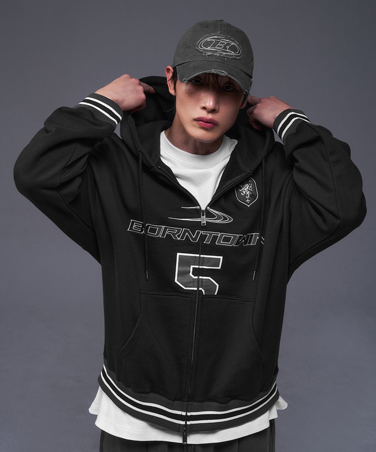 본투윈(BORN TO WIN) NUMBER 5 RUGBY HOODIE ZIP-UP [BLACK]