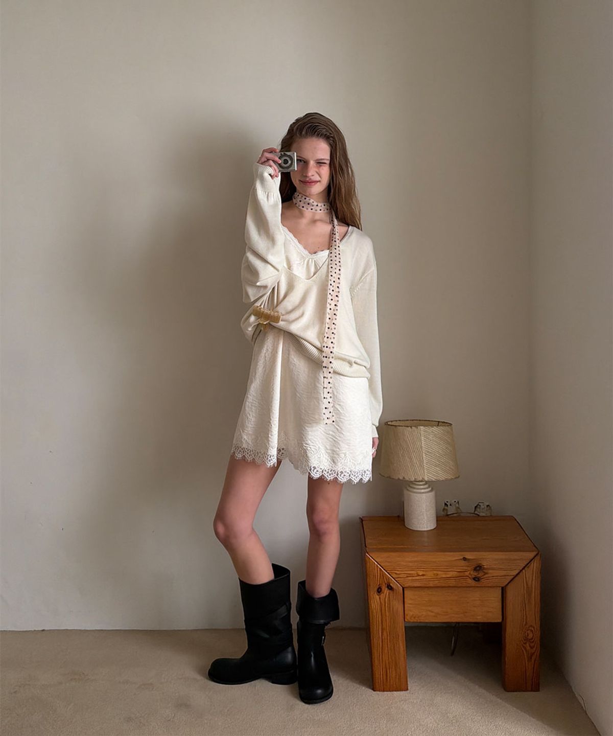 어패럴아카이브(APPAREL ARCHIVE) Aloha lace satin mini dress - Cream