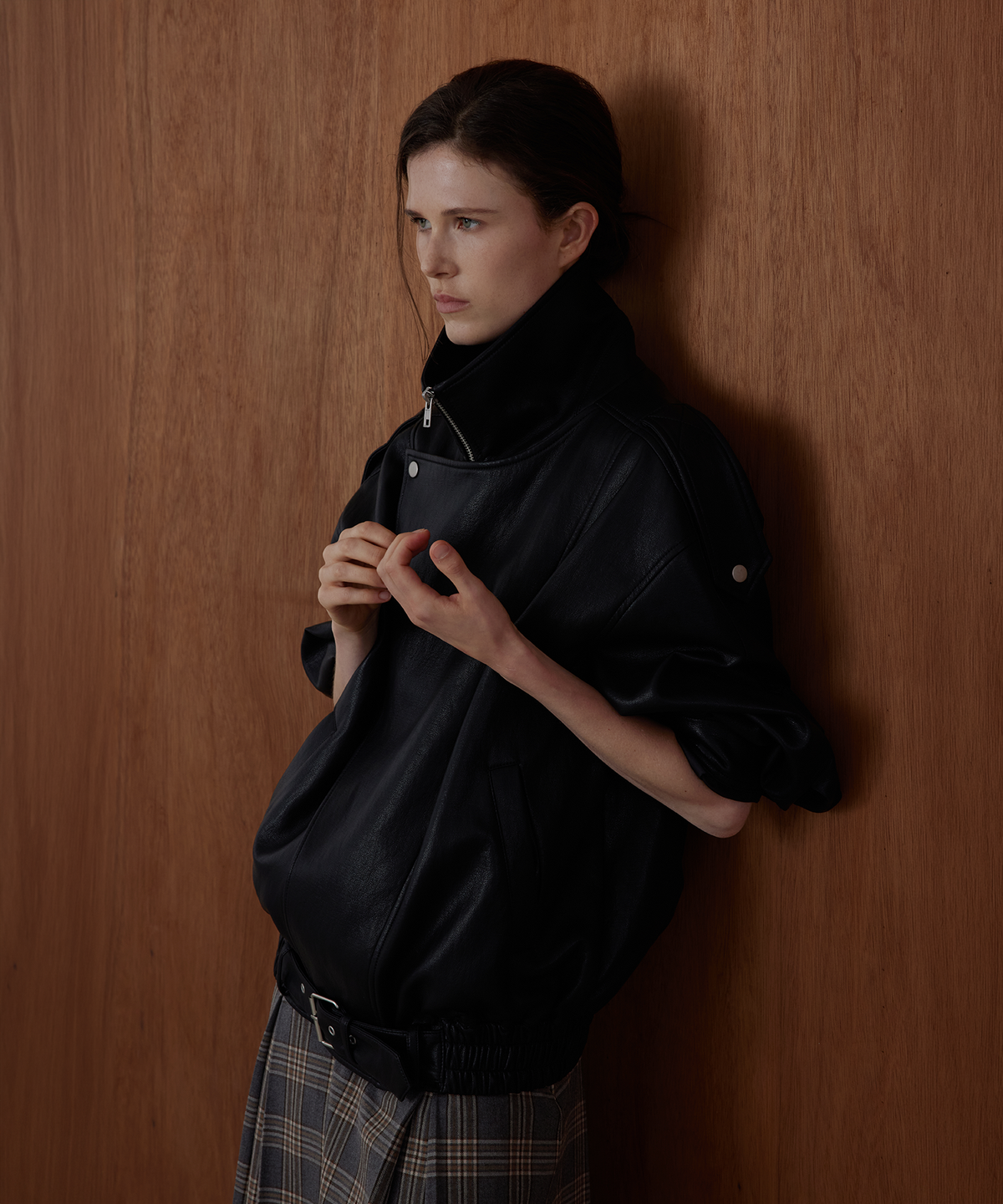 퀸스래빗(Q'SRB) Trim Oversized Leather Jacket - BLACK