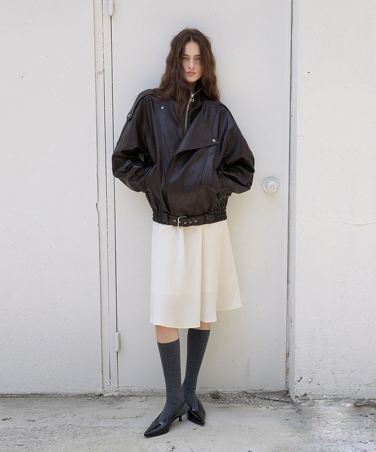 퀸스래빗(Q'SRB) Trim Oversized Leather Jacket - BROWN