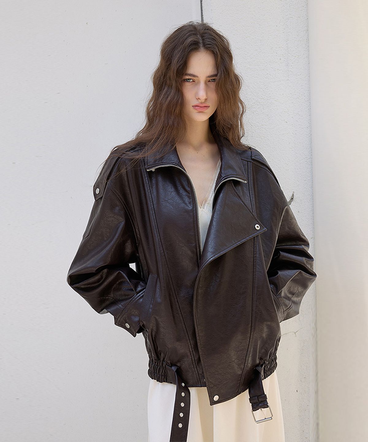 퀸스래빗(Q'SRB) Trim Oversized Leather Jacket - BROWN