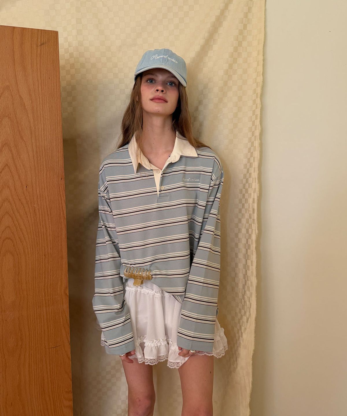 어패럴아카이브(APPAREL ARCHIVE) Maple stripe PK t shirt - Skyblue