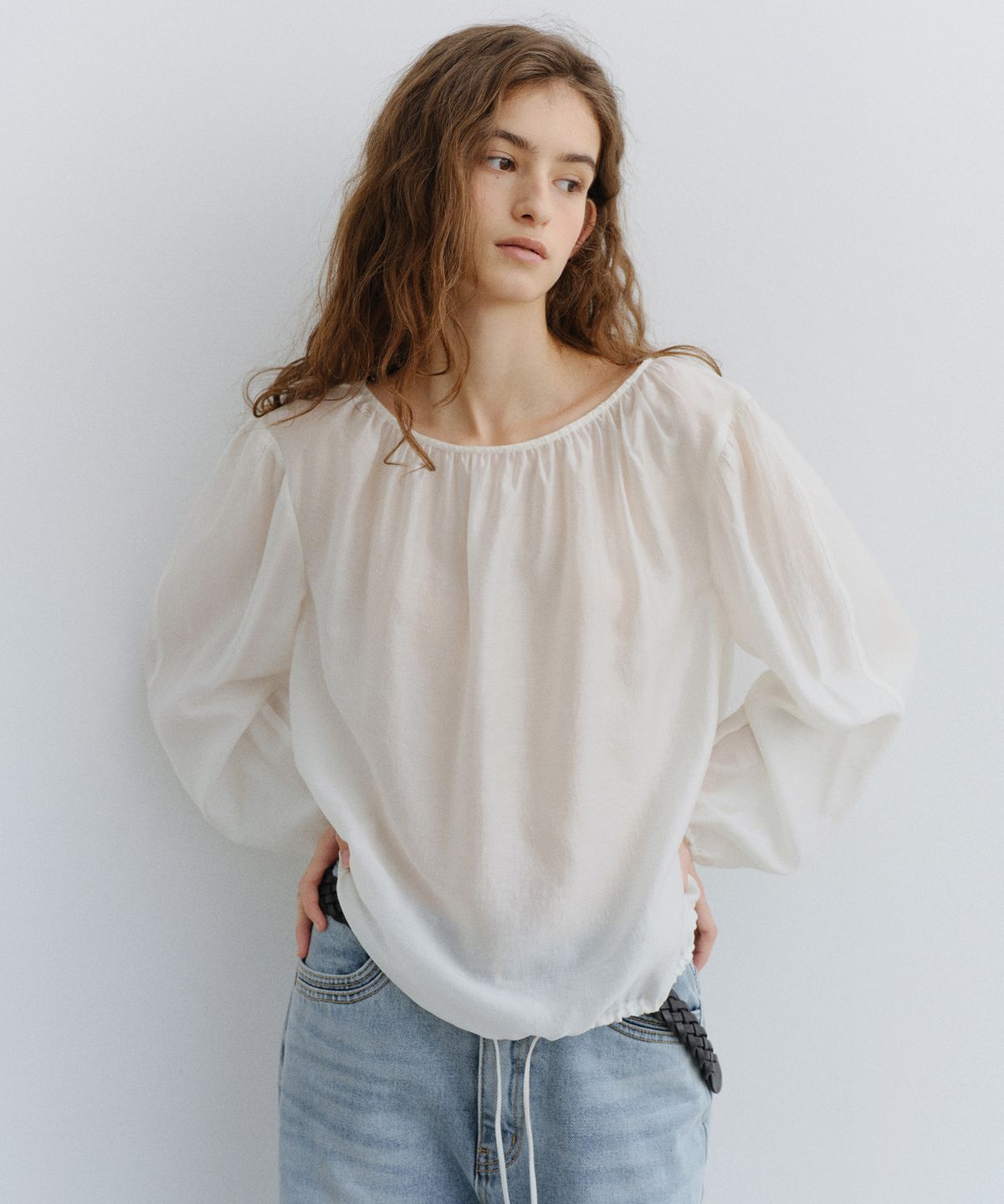 유라고(URAGO) Sheer shirring blouse