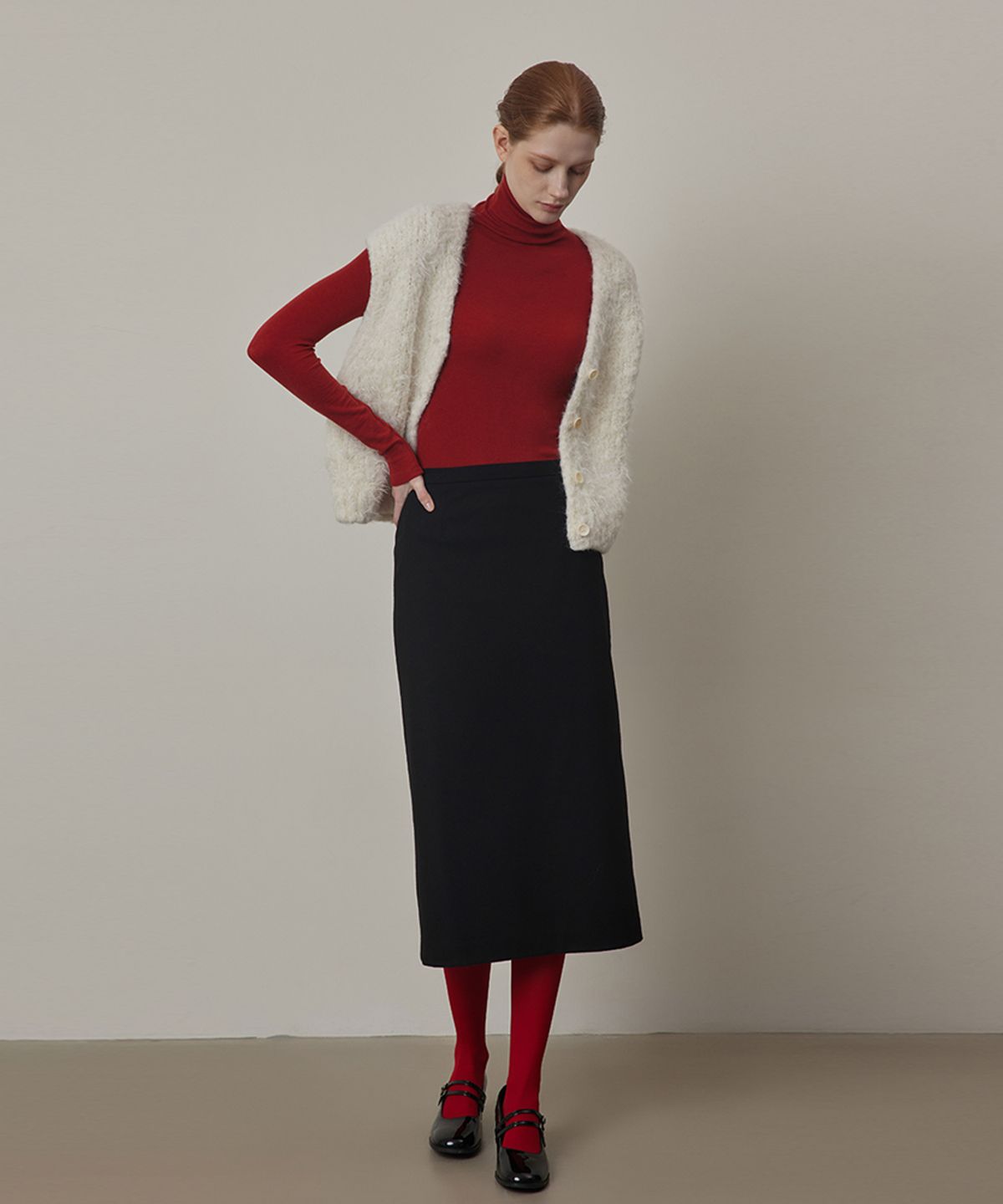 퀸스래빗(Q'SRB) Wool-blend Midi Basic Slit Skirt