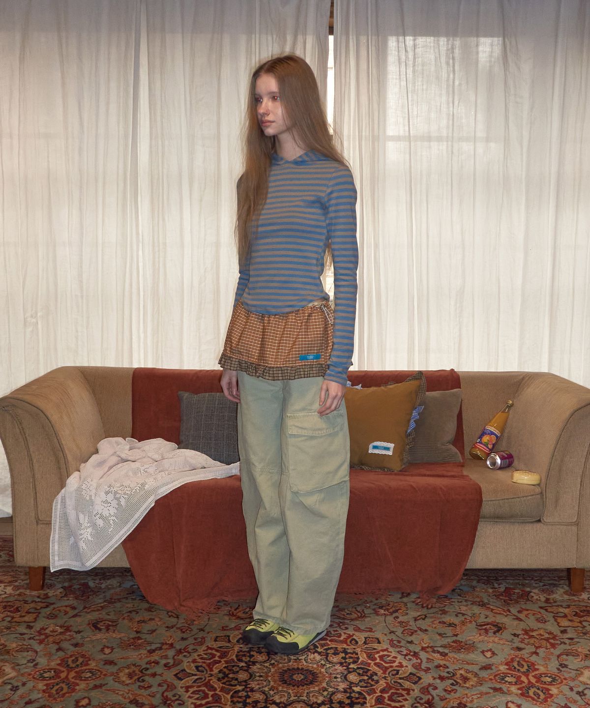 메종크렘(MAISON CREME) Check Frill layered skirt_ Mustard