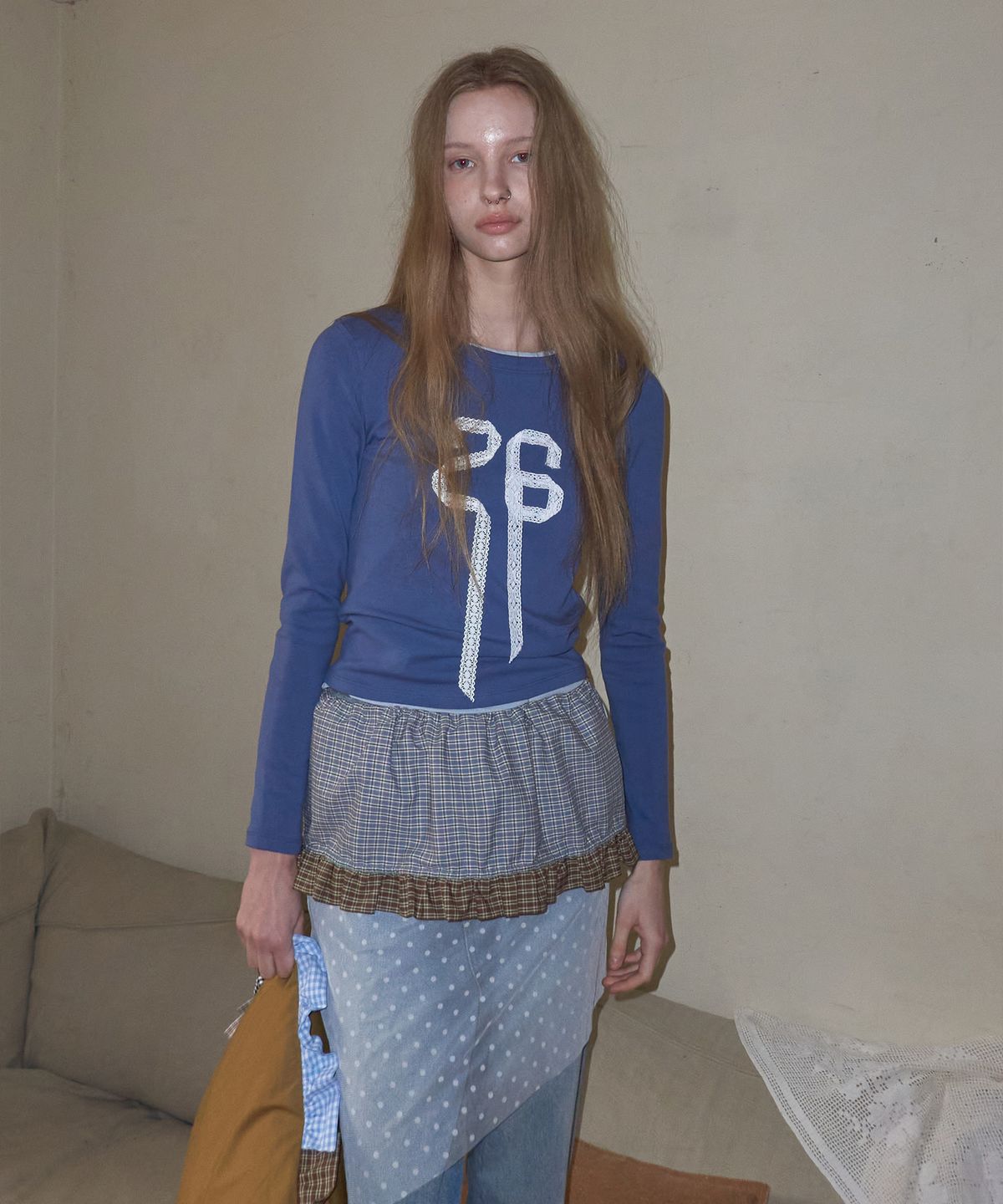 메종크렘(MAISON CREME) Check Frill layered skirt_ Dusty Blue