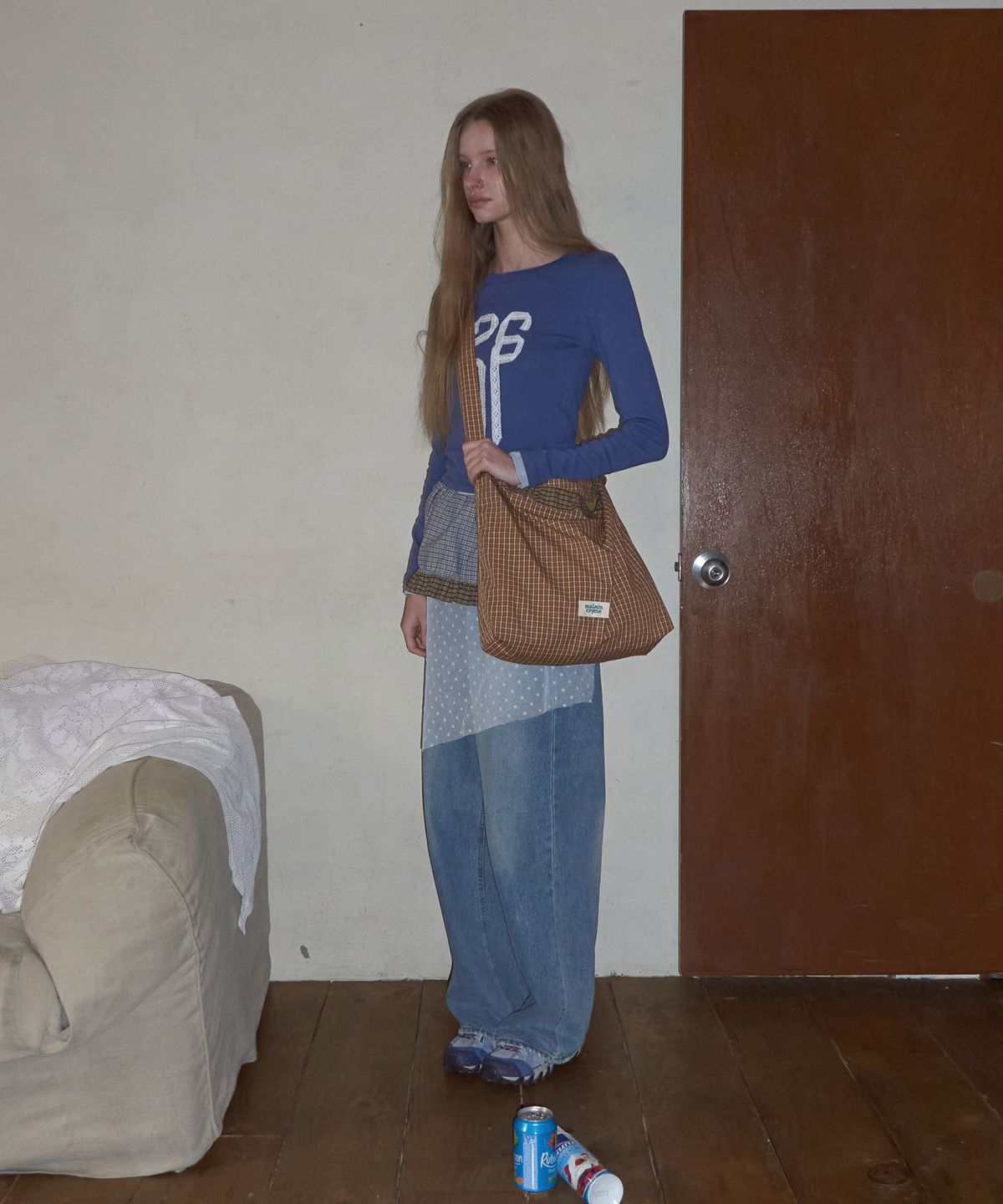 메종크렘(MAISON CREME) Check Frill reversible bag_ Mustard