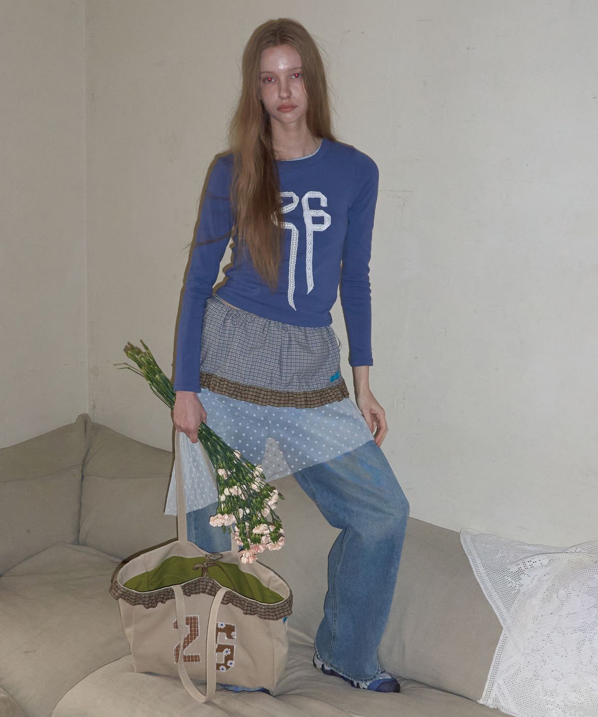 메종크렘(MAISON CREME) 26 Check Frill canvas bag_ Sand beige