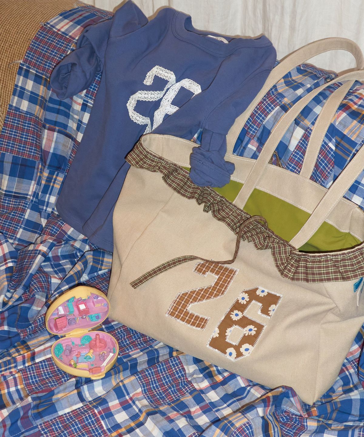 메종크렘(MAISON CREME) 26 Check Frill canvas bag_ Sand beige