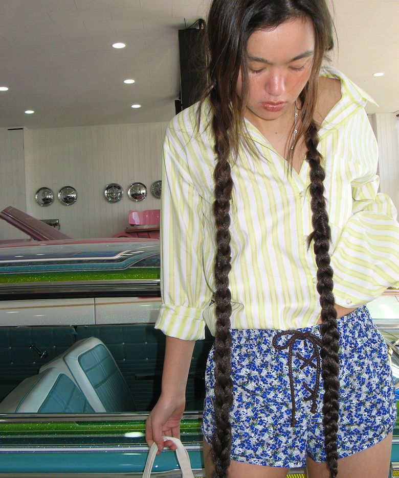 LACE-UP FLOWER GARDEN SHORTS_BLUE