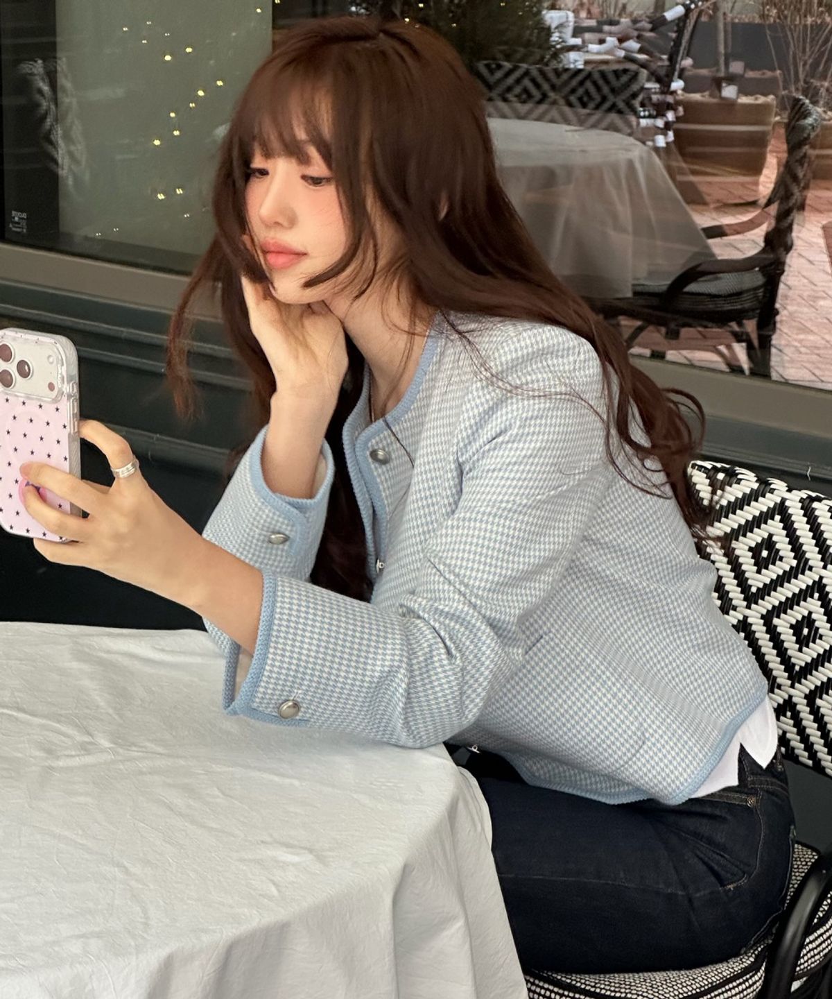 올리브 데 올리브(OLIVE DES OLIVE) 라운드넥 체크 자켓 OW6XJ8760