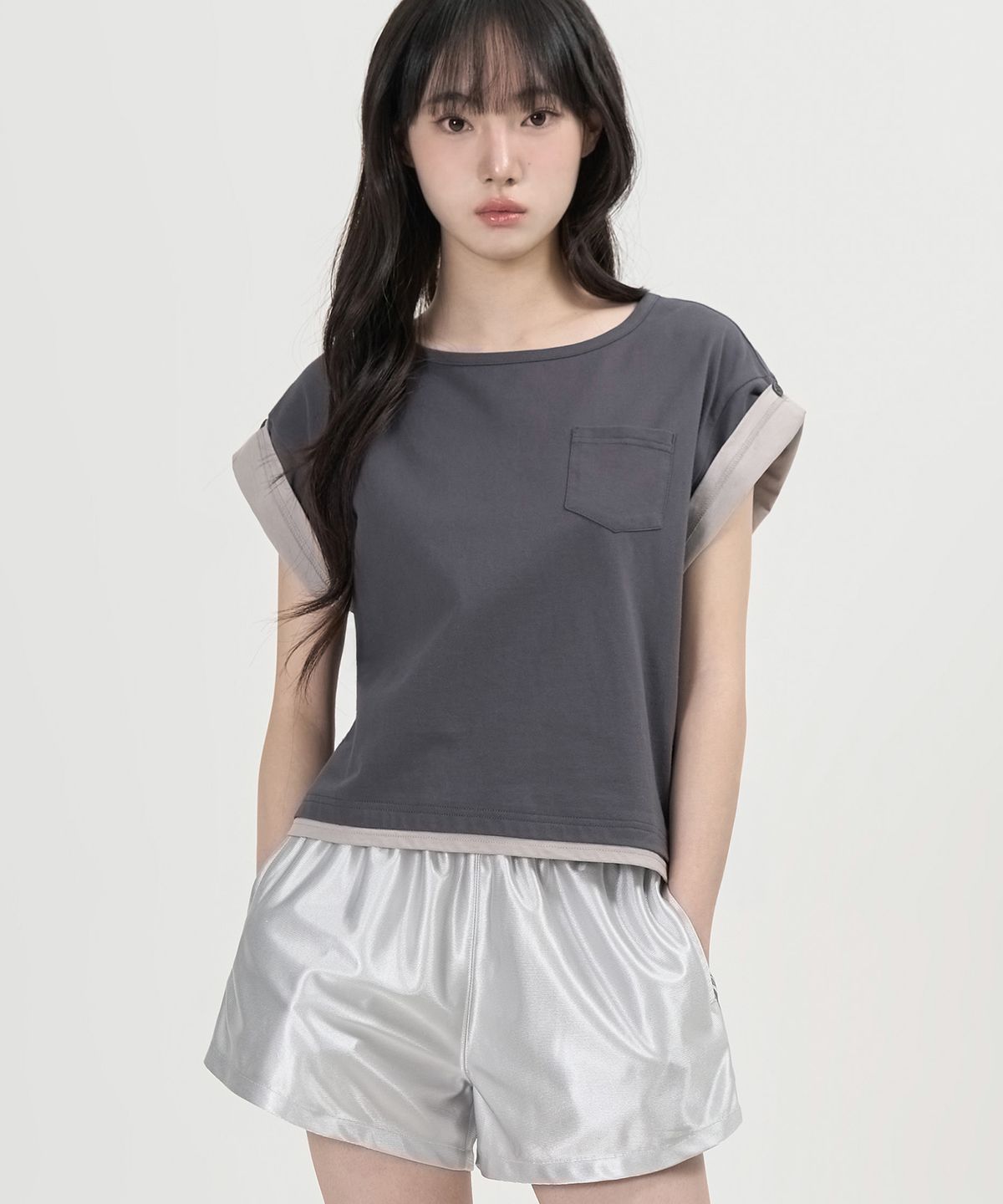 토피 우먼(TOFFEE WOMEN) W 레이어드 크롭 티셔츠 (CHARCOAL)