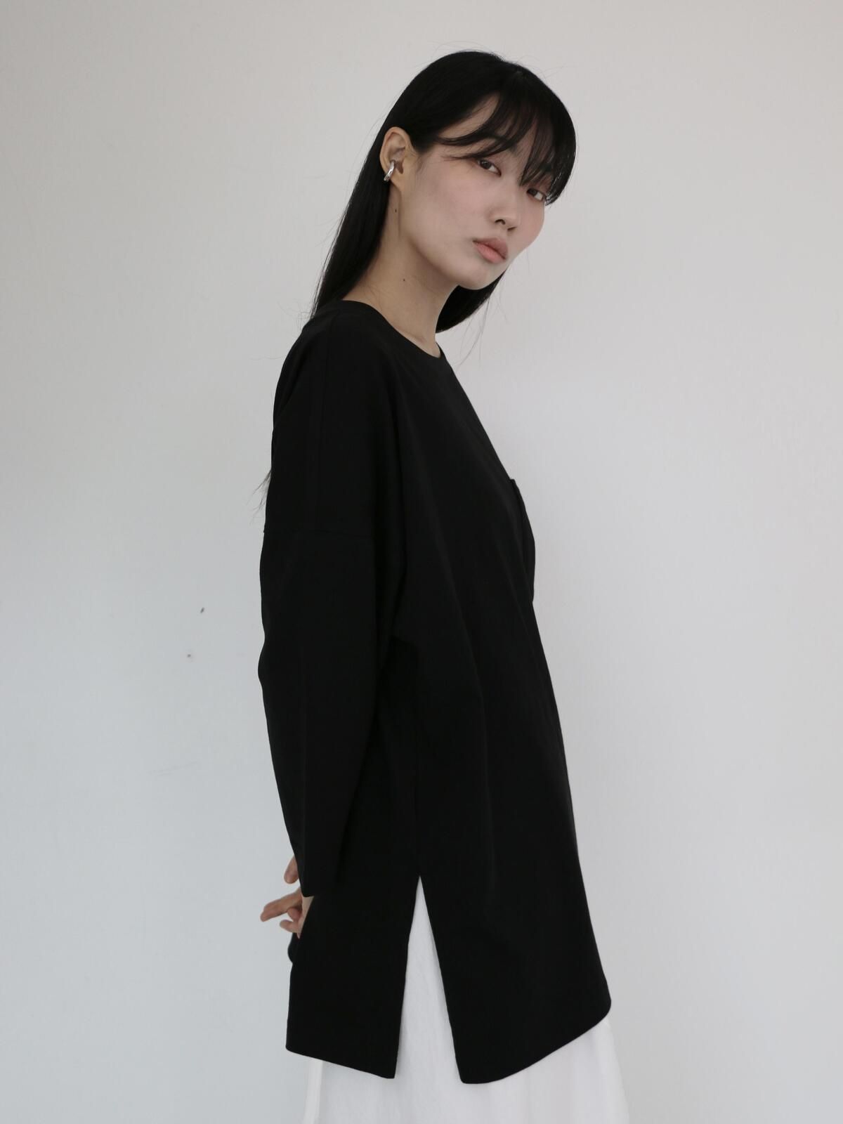 진호쇼우(JINHO SHOU) 7부 소매 사이드 스트링 디테일 티셔츠 블랙