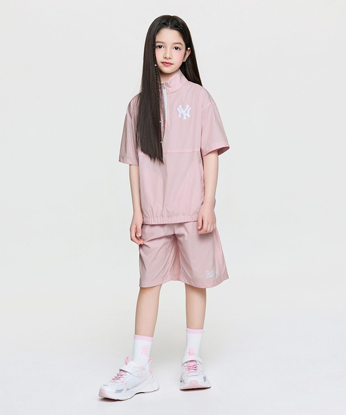 엠엘비 키즈(MLB KIDS) 스포티브 베이직 우븐 반팔 아노락 세트 NY (Mg.Pink)