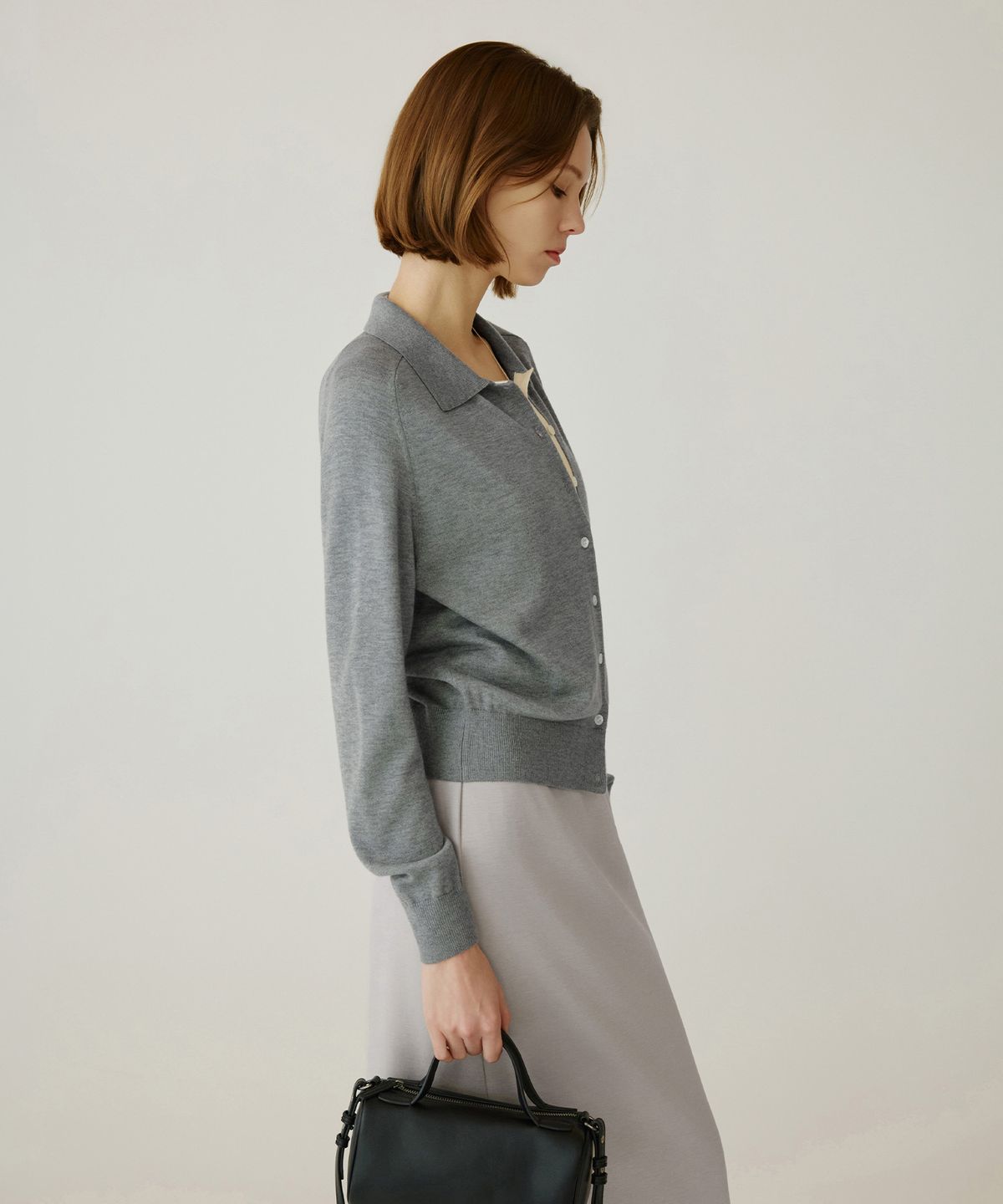 시야쥬(SIYAZU) SIKN2183 배색 카라 니트 가디건_Melange gray