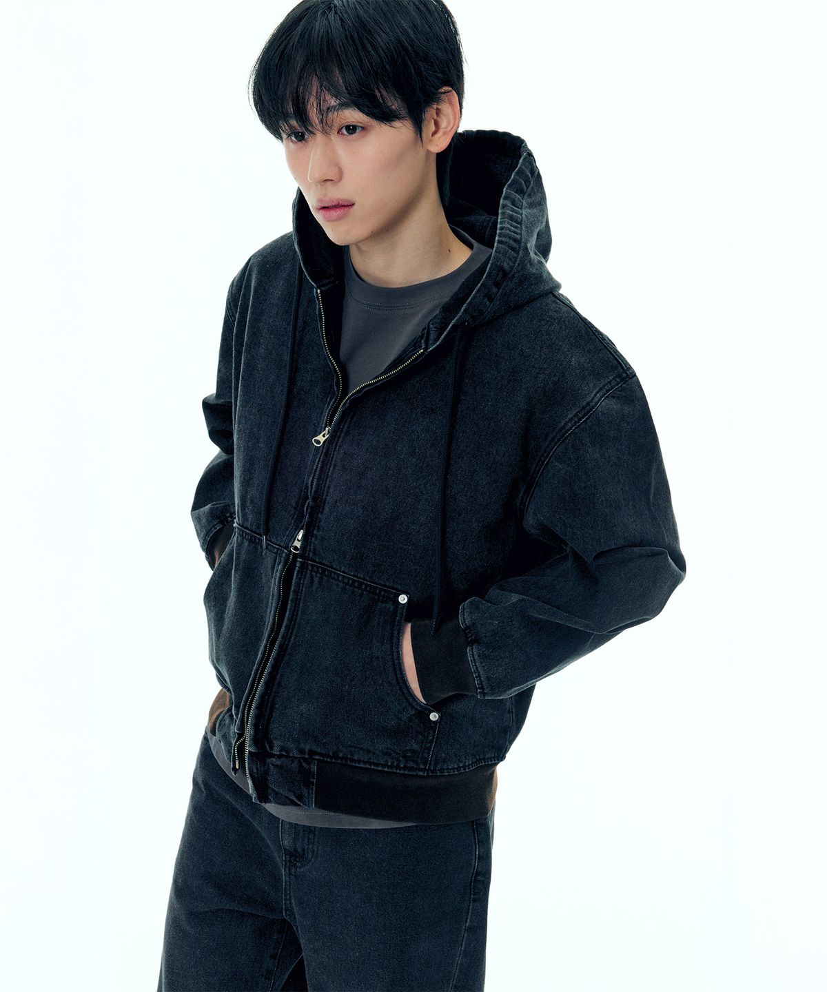 플랙(PLAC) 데님 집업 후드 빈티지 블랙