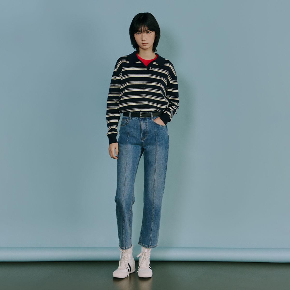 랩(LAP) 슬림 핀턱 스판 일자 데님팬츠 AS1DP261