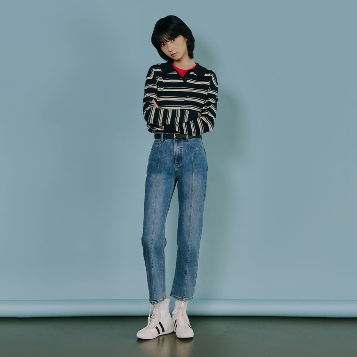 랩(LAP) 슬림 핀턱 스판 일자 데님팬츠 AS1DP261