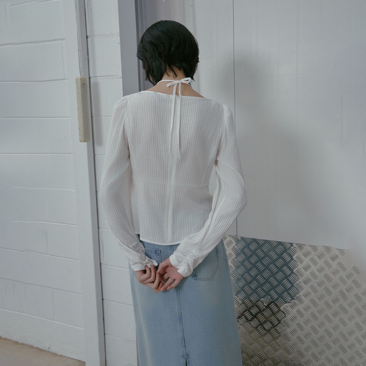 랩(LAP) 스퀘어넥 셔링 끈 블라우스 AS1WB265