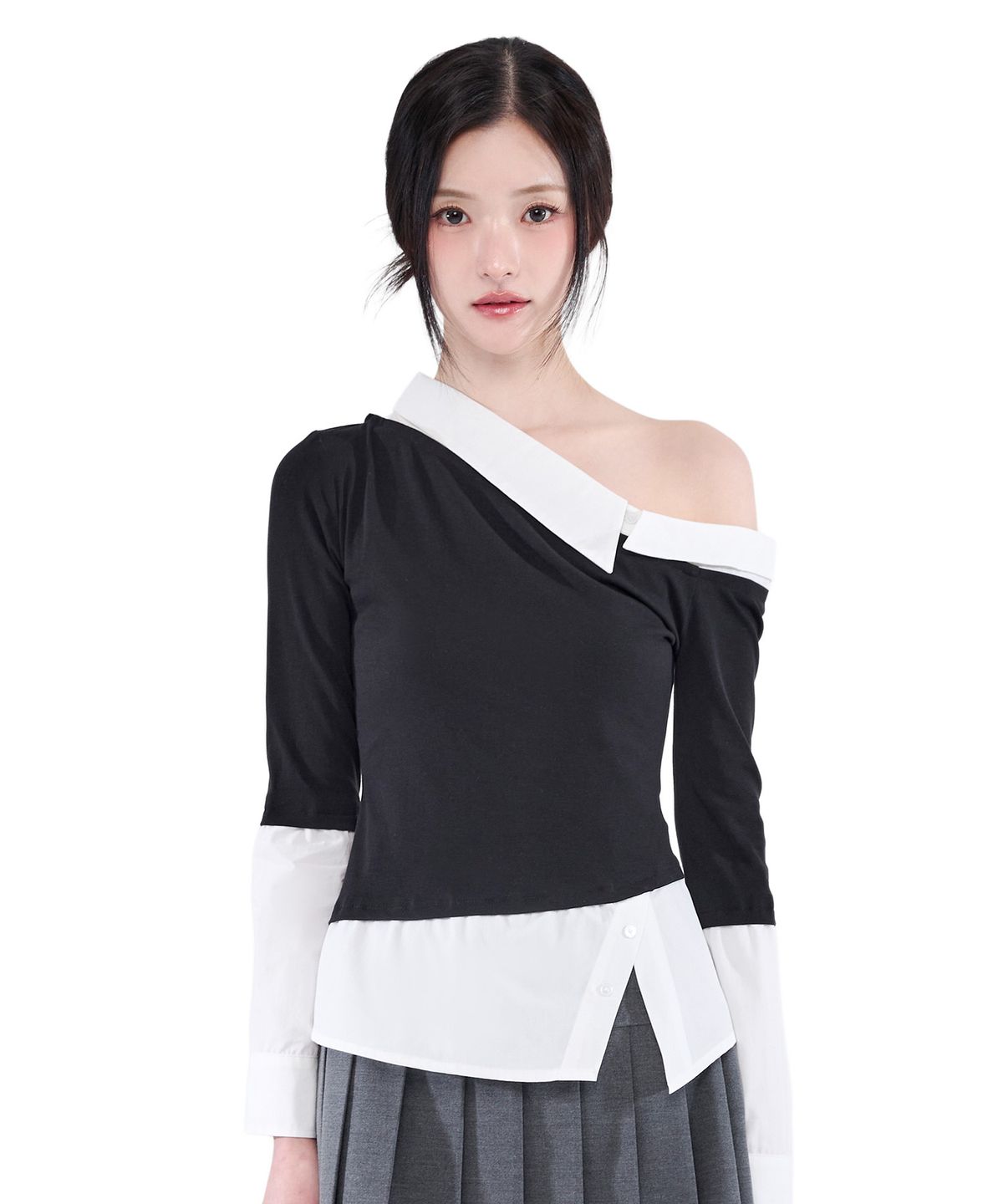 알키알카(ALKI ALKA) One-Shoulder Layered Top (Black)