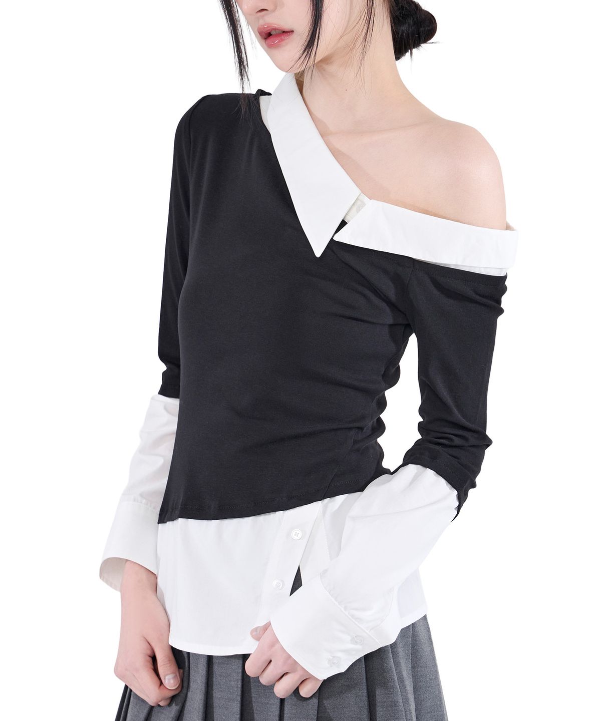 알키알카(ALKI ALKA) One-Shoulder Layered Top (Black)
