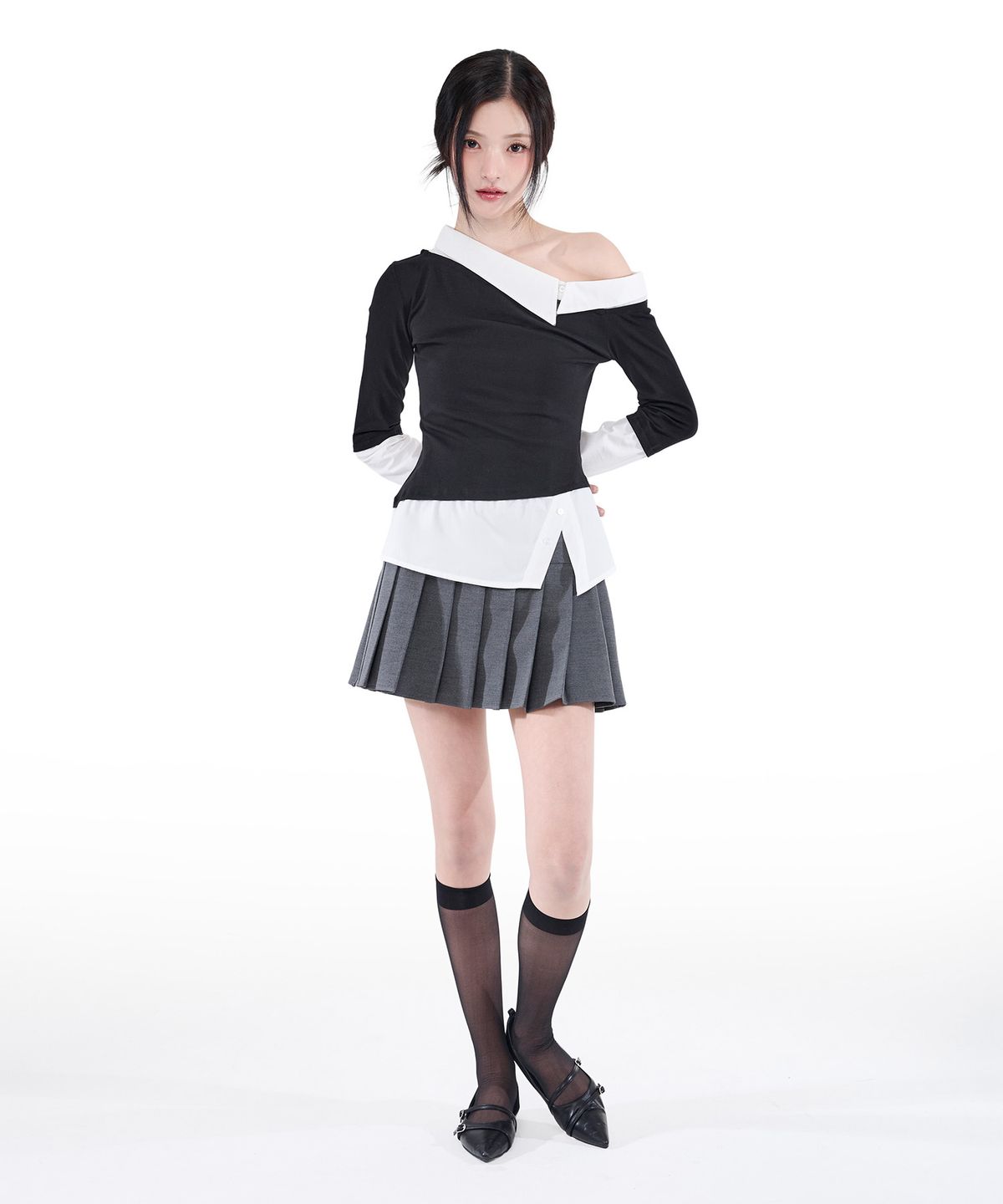 알키알카(ALKI ALKA) One-Shoulder Layered Top (Black)