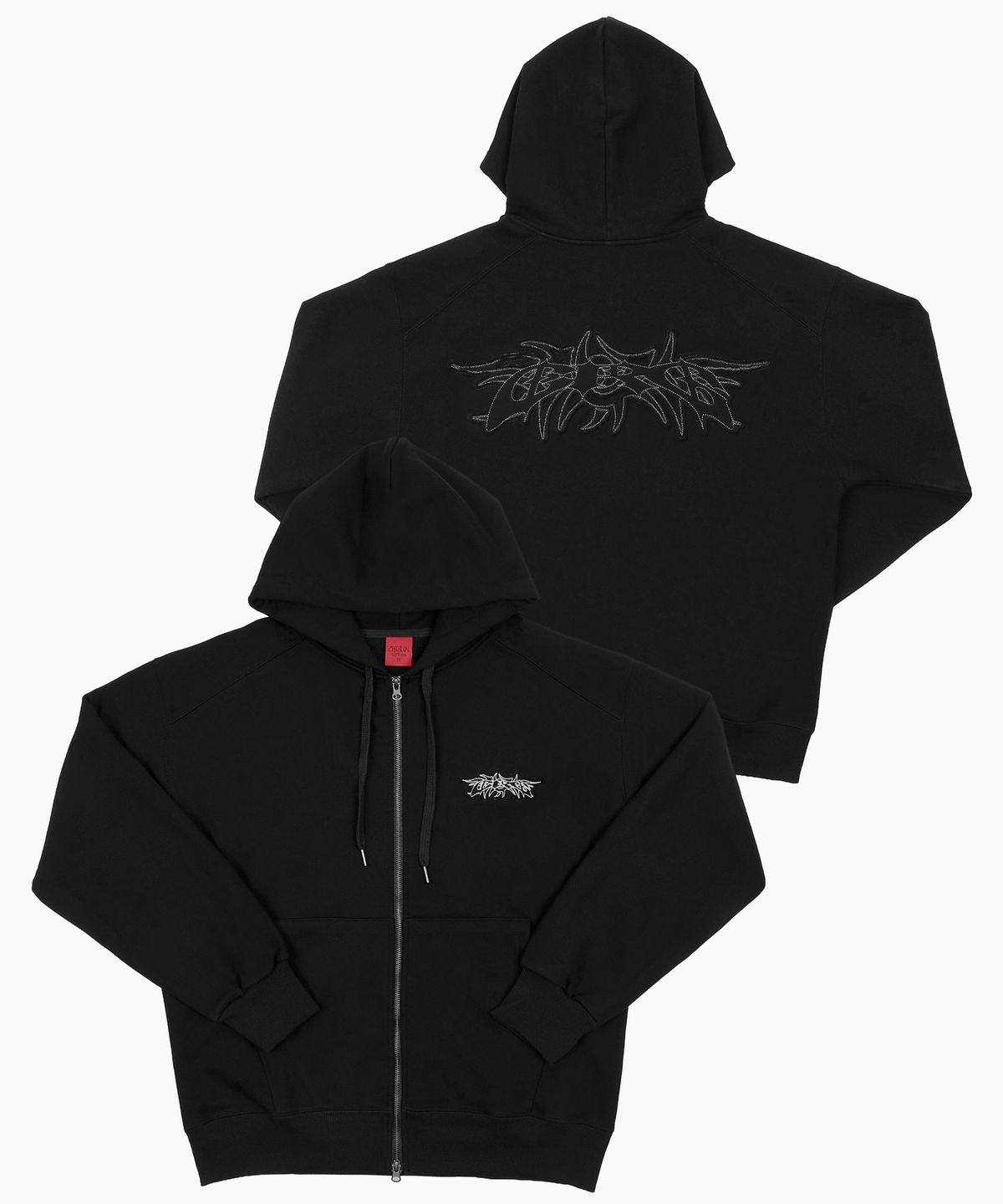 크리건(CRIGUN) TRIBAL APPLIQUE ZIP-UP HOODIE BLACK