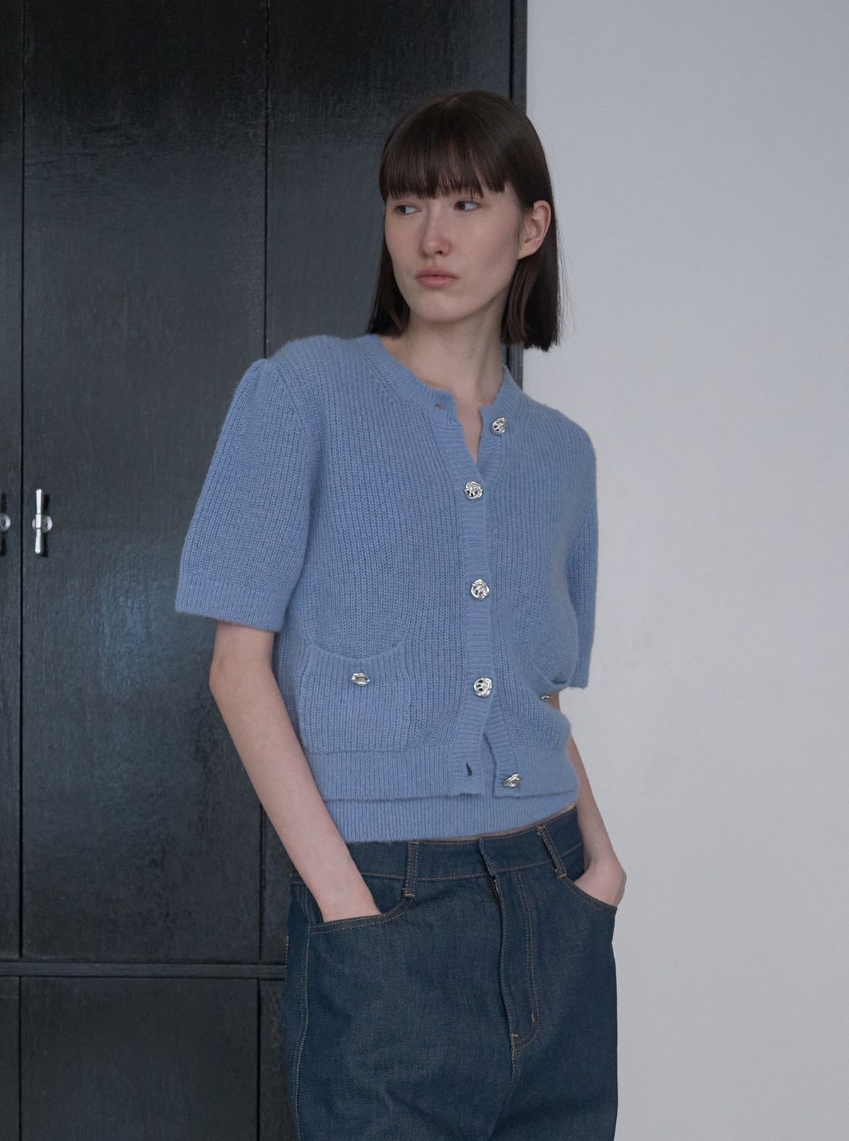 디에토(DEETO) Alpaca Royal Ribbed Half-Sleeve Cardigan [BLUE]