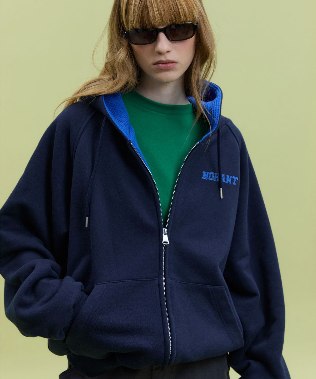 노앙(NOHANT) WAFFLE LINED HOODED ZIP-UP JUMPER NAVY
