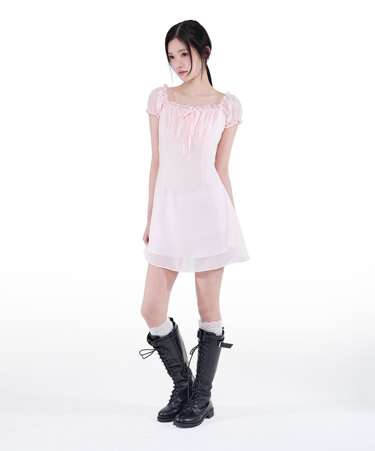 알키알카(ALKI ALKA) Puff Chiffon Mini Dress (Light Pink)