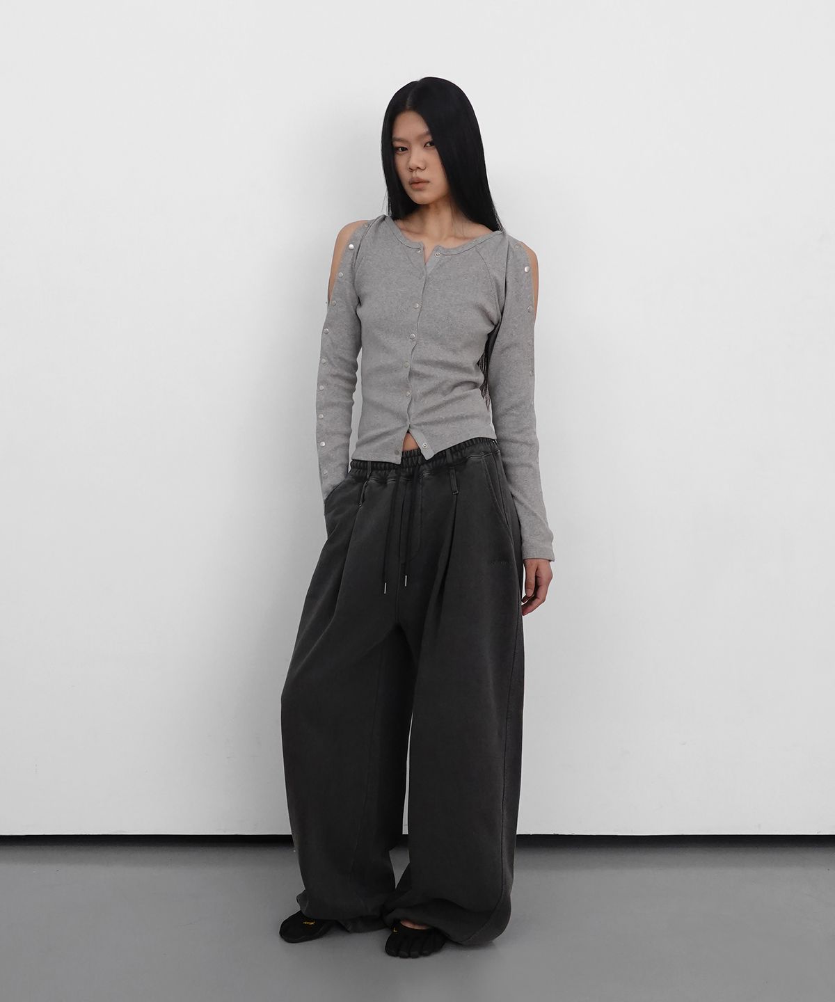 샌드릭(SANDRIC) Snap Ribbed Cardigan_Melange Grey