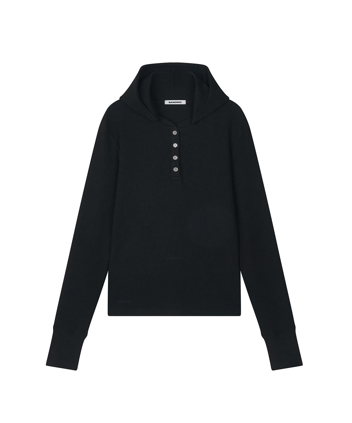샌드릭(SANDRIC) Henley Neck Waffle Hooded Long Sleeve_Black