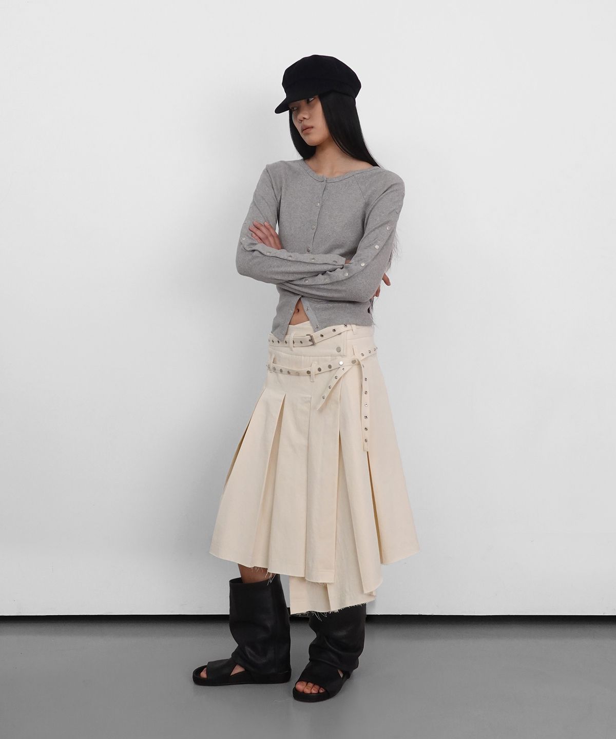 샌드릭(SANDRIC) Eyelet Layered Midi Skirt_Cream