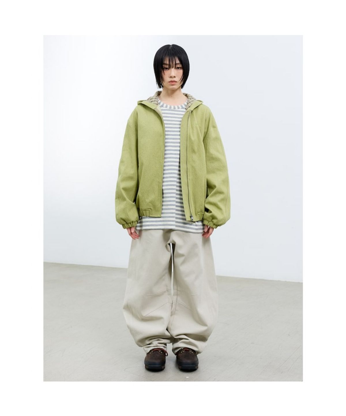 샌드 사운드(SAND SOUND) (UNISEX) 후디 가먼트 다잉 데님 집업  애플 그린