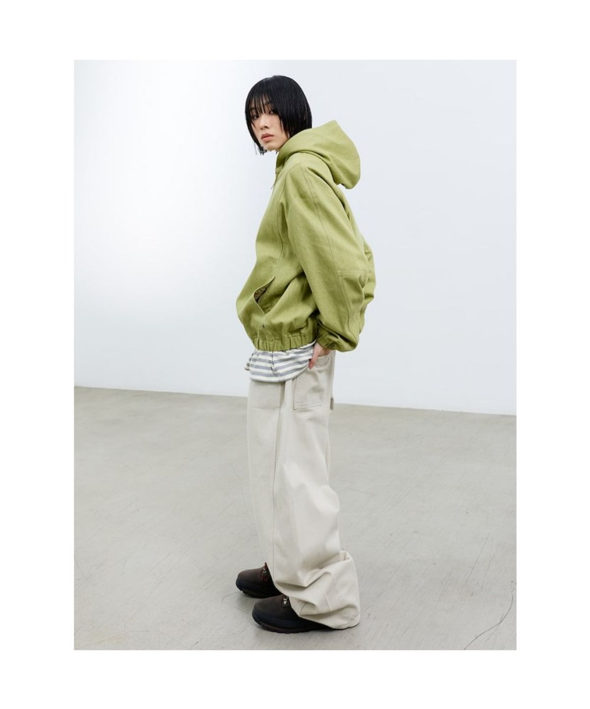샌드 사운드(SAND SOUND) (UNISEX) 후디 가먼트 다잉 데님 집업  애플 그린