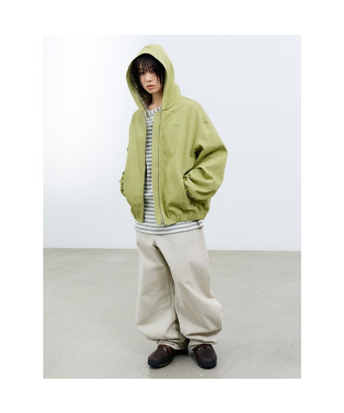 샌드 사운드(SAND SOUND) (UNISEX) 후디 가먼트 다잉 데님 집업  애플 그린