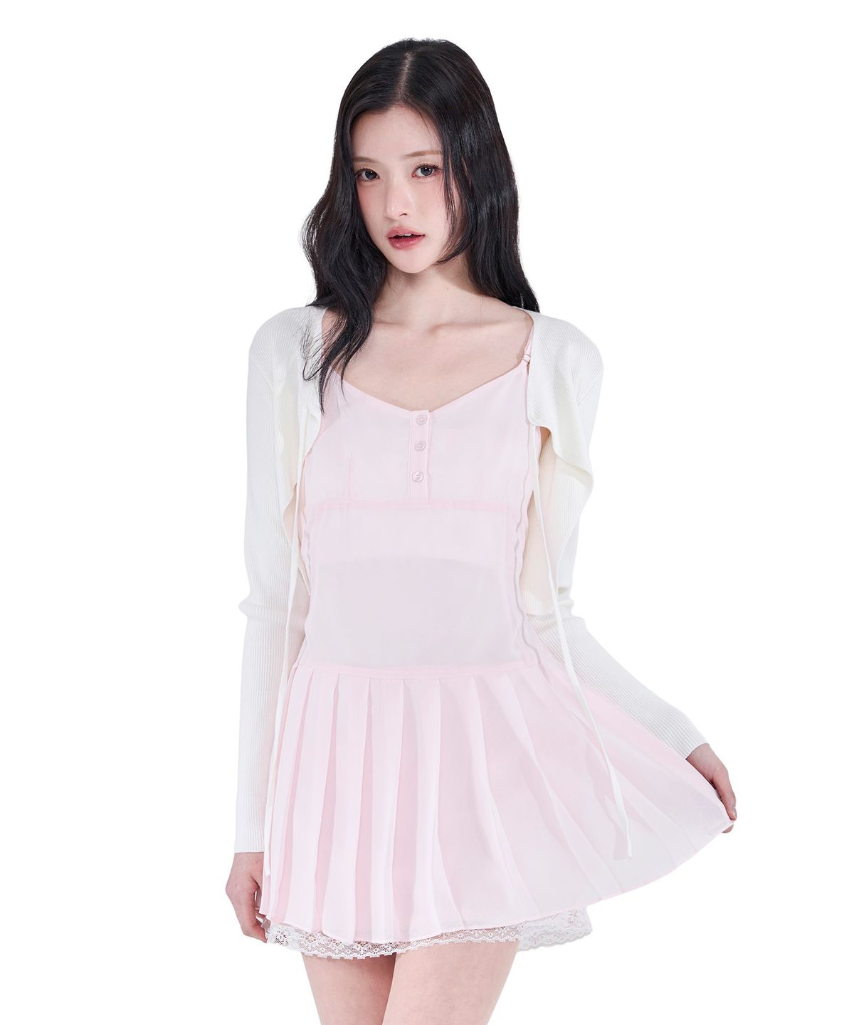 알키알카(ALKI ALKA) Pleated Chiffon Mini Dress (Light Pink)