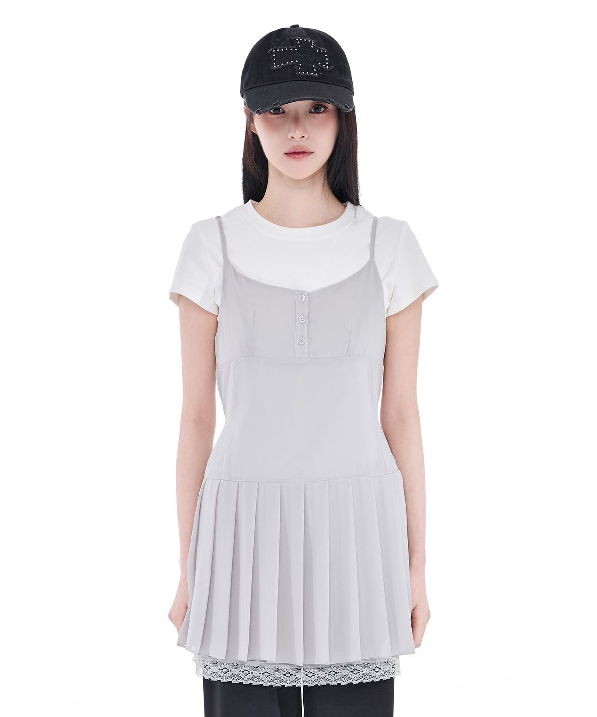 알키알카(ALKI ALKA) Pleated Chiffon Mini Dress (Light Gray)