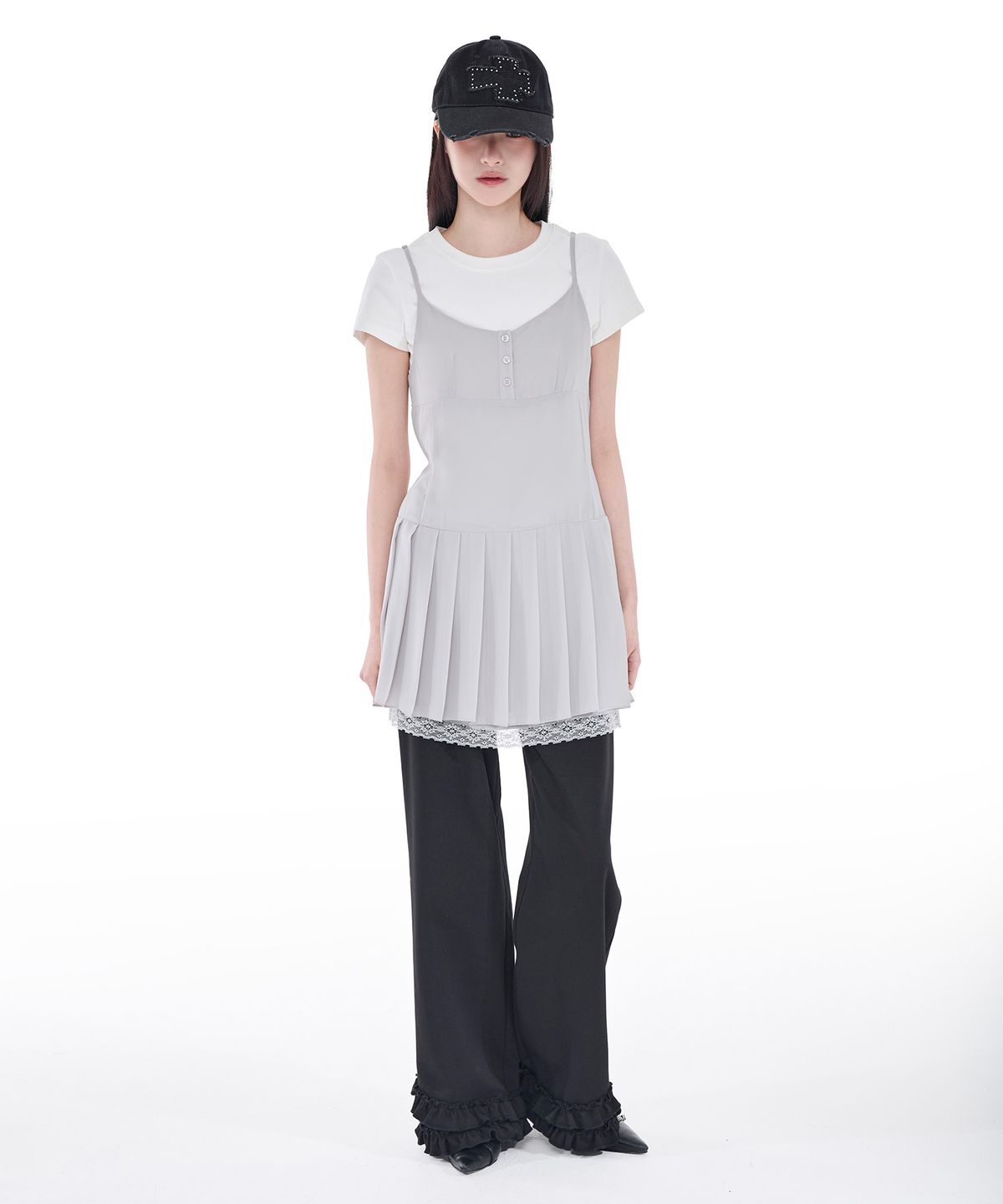 알키알카(ALKI ALKA) Pleated Chiffon Mini Dress (Light Gray)