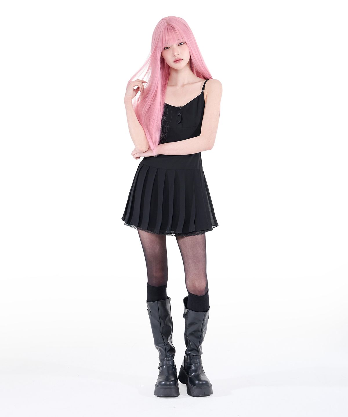 알키알카(ALKI ALKA) Pleated Chiffon Mini Dress (Black)