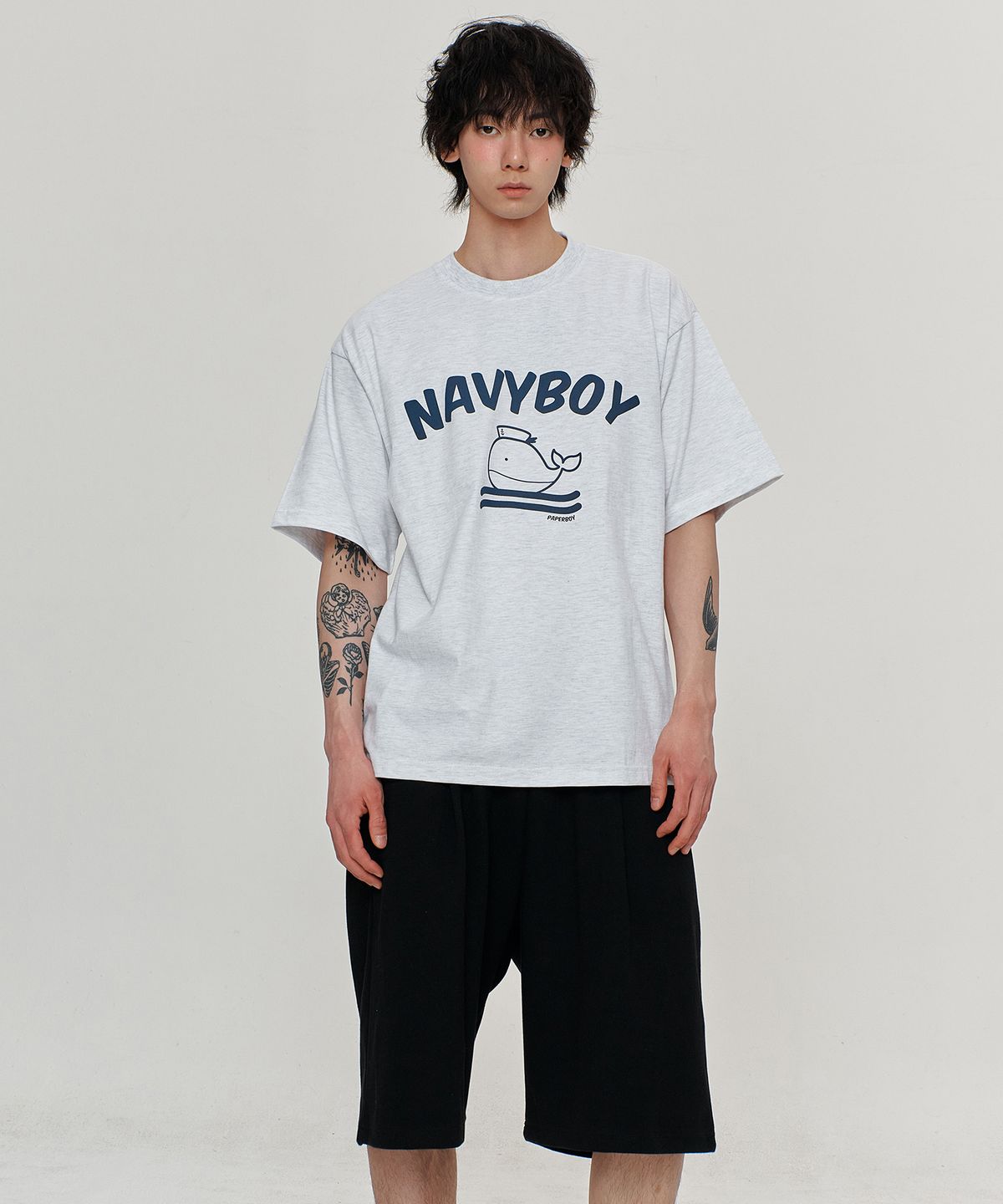 페이퍼보이(PAPERBOY) [SET] 네이비보이 반팔 하프팬츠 셋업-화이트