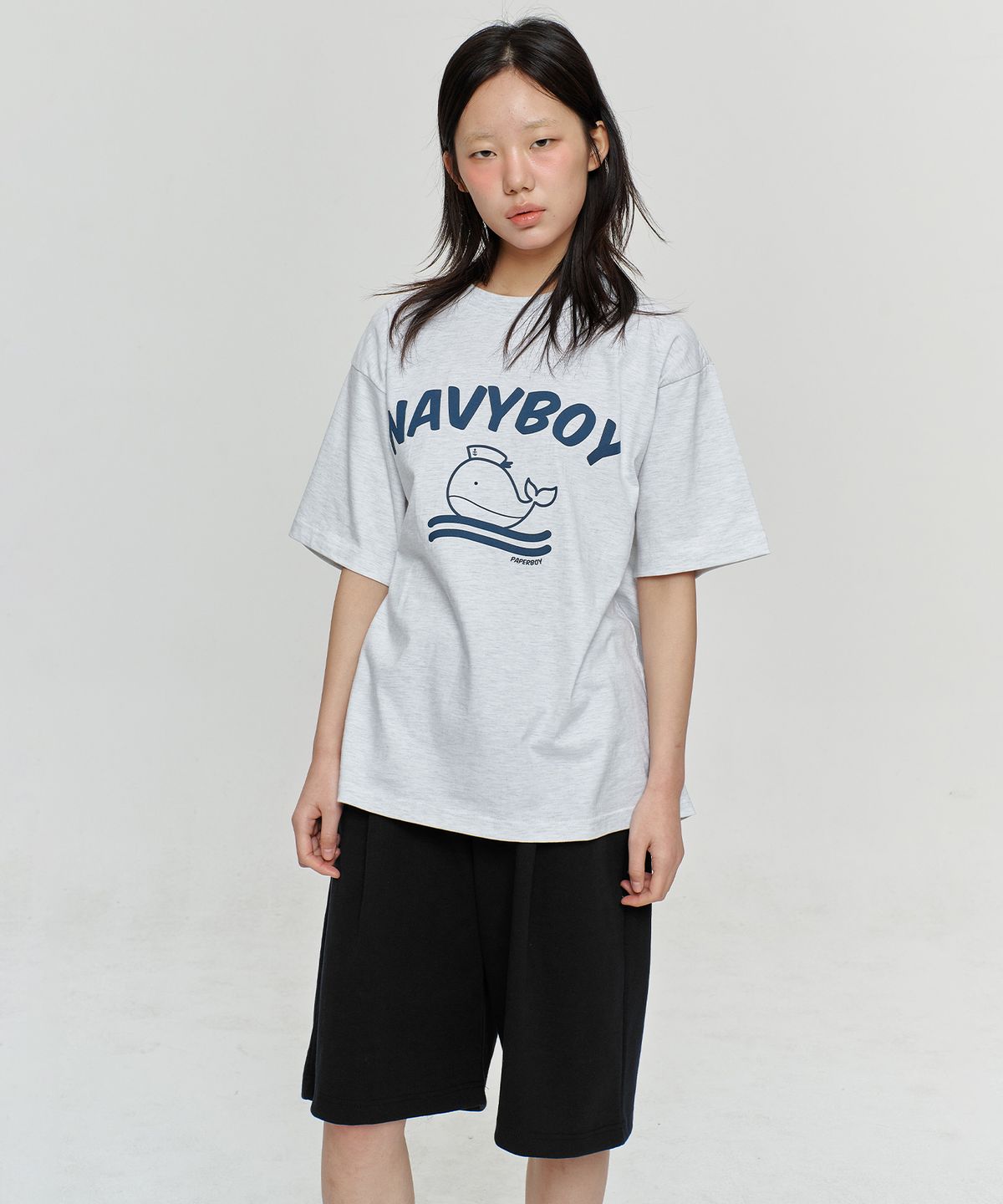 페이퍼보이(PAPERBOY) [SET] 네이비보이 반팔 하프팬츠 셋업-화이트