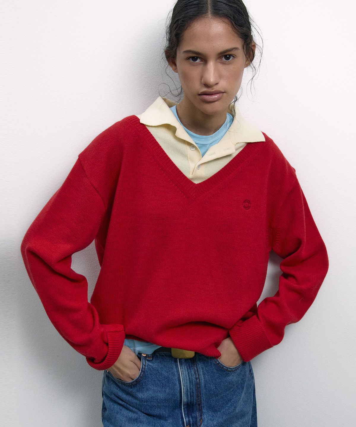 노앙(NOHANT) LAYERED V-NECK COLLAR KNIT RED